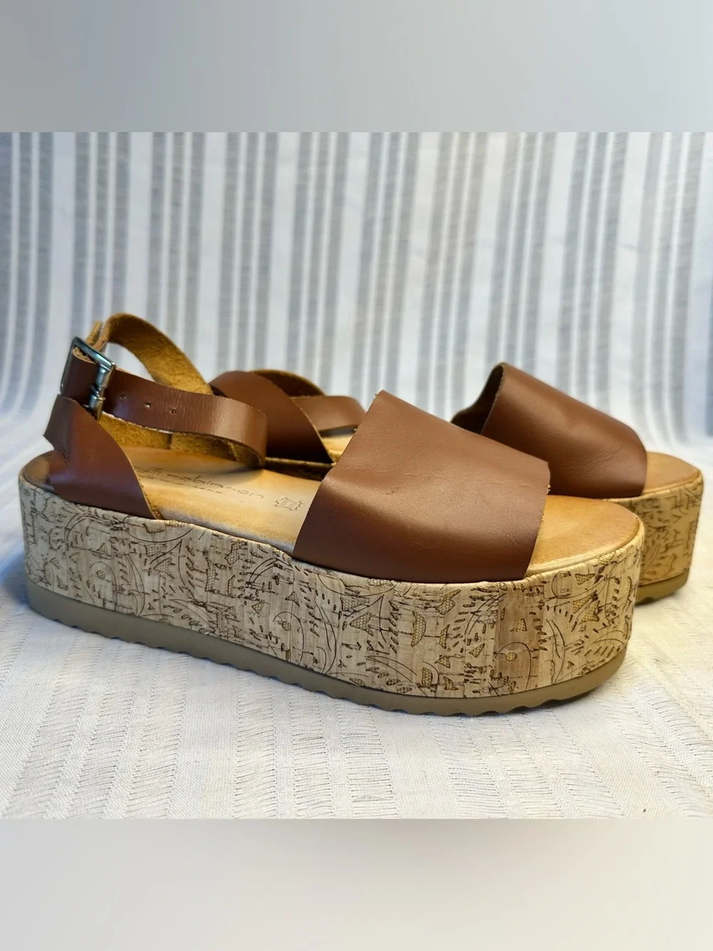 European Leather Embossed Cork Platform Sandals